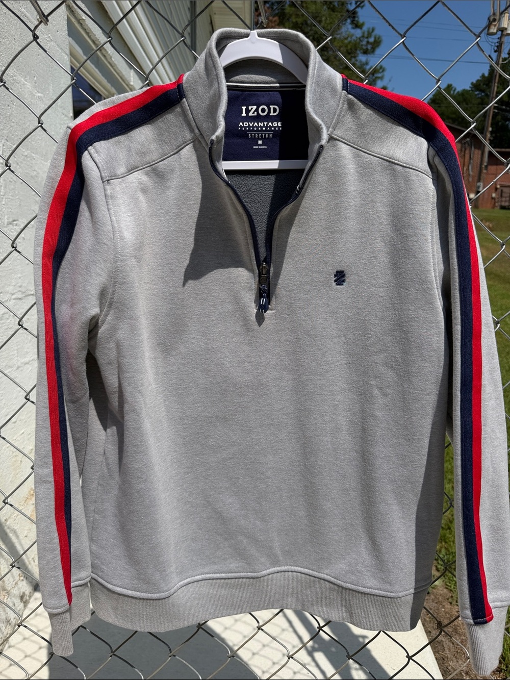 Izod Men’s Light Gray Quarter-Zip Sweater with Red & Navy Shoulder Stripes